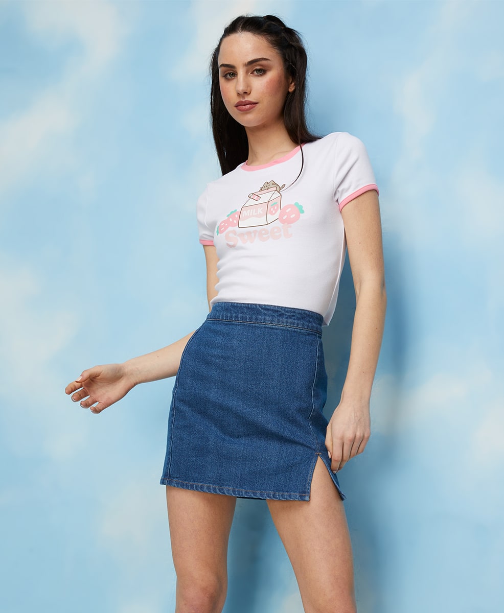 V Front Denim Mini Skirt