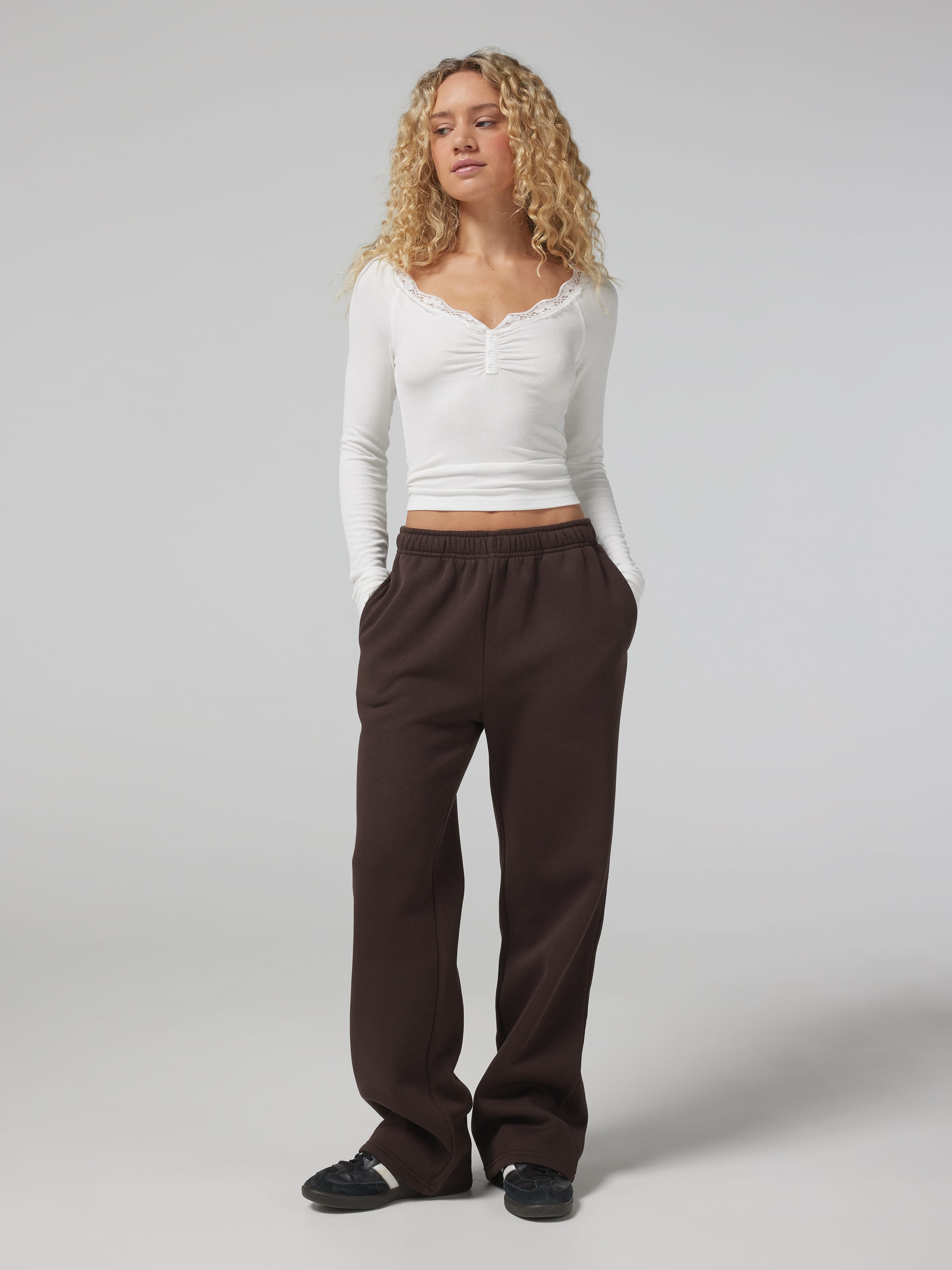 Lace Trim Long Sleeve Henley Top