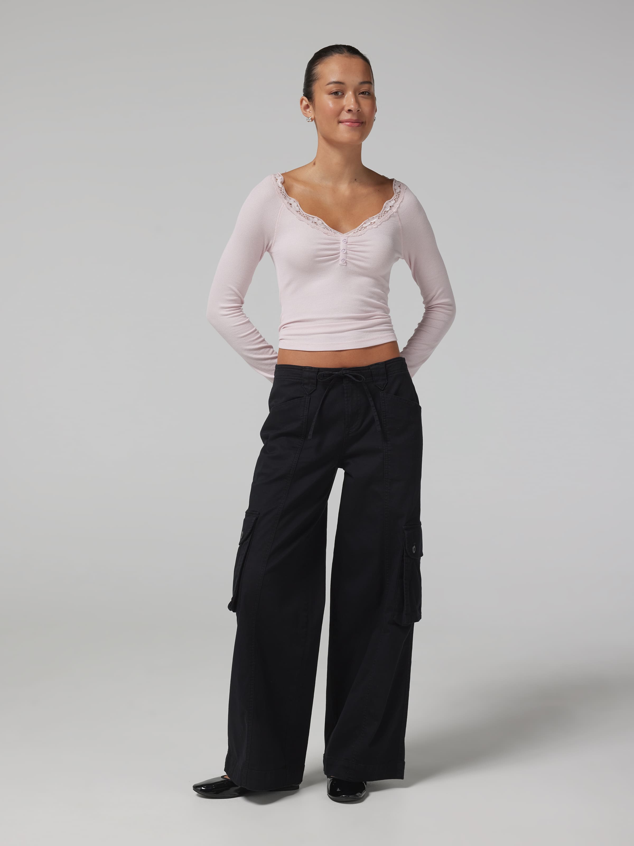 Lace Trim Long Sleeve Henley Top