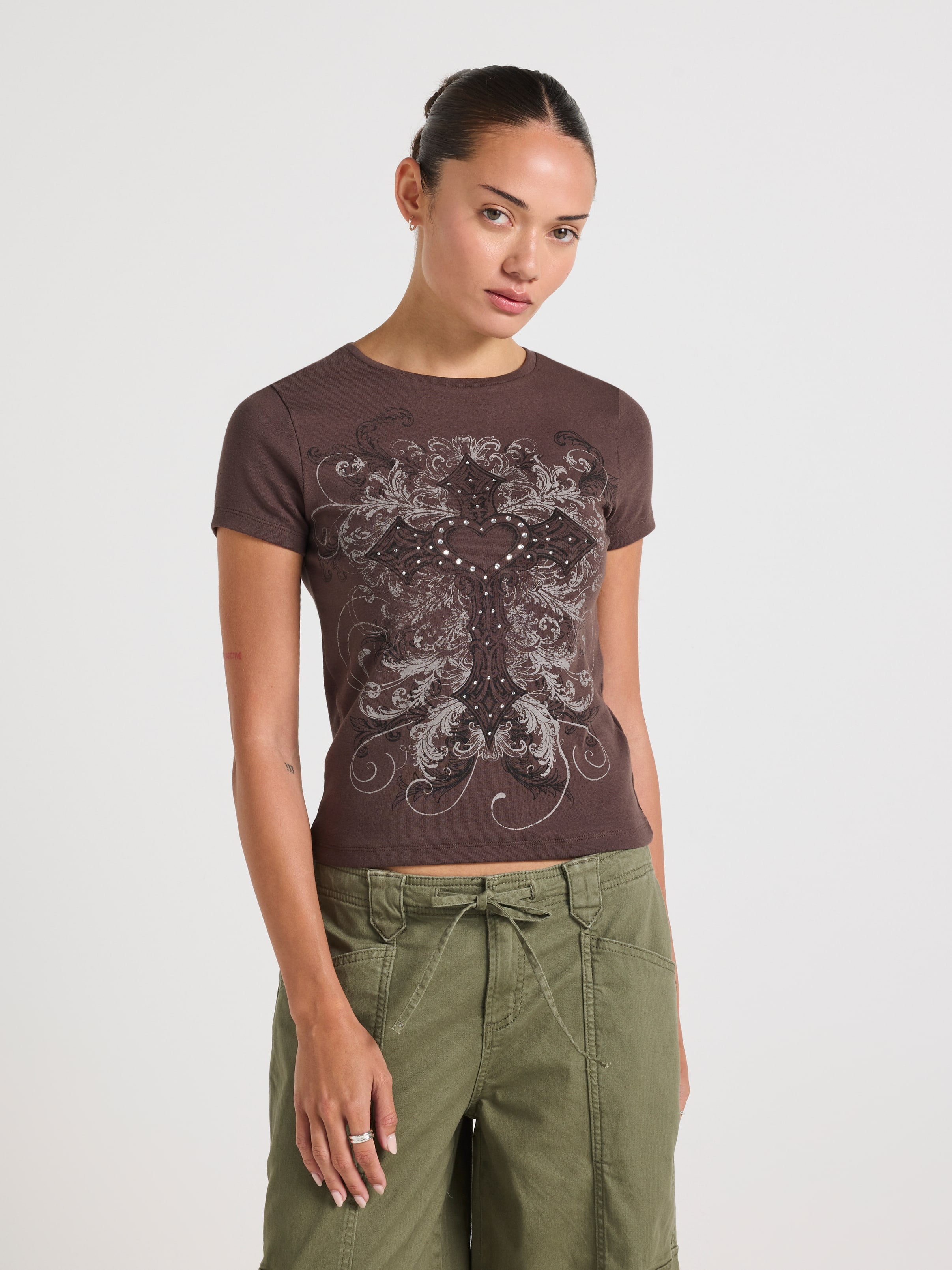 Gothic Cross Embroidered Long Length Baby Tee