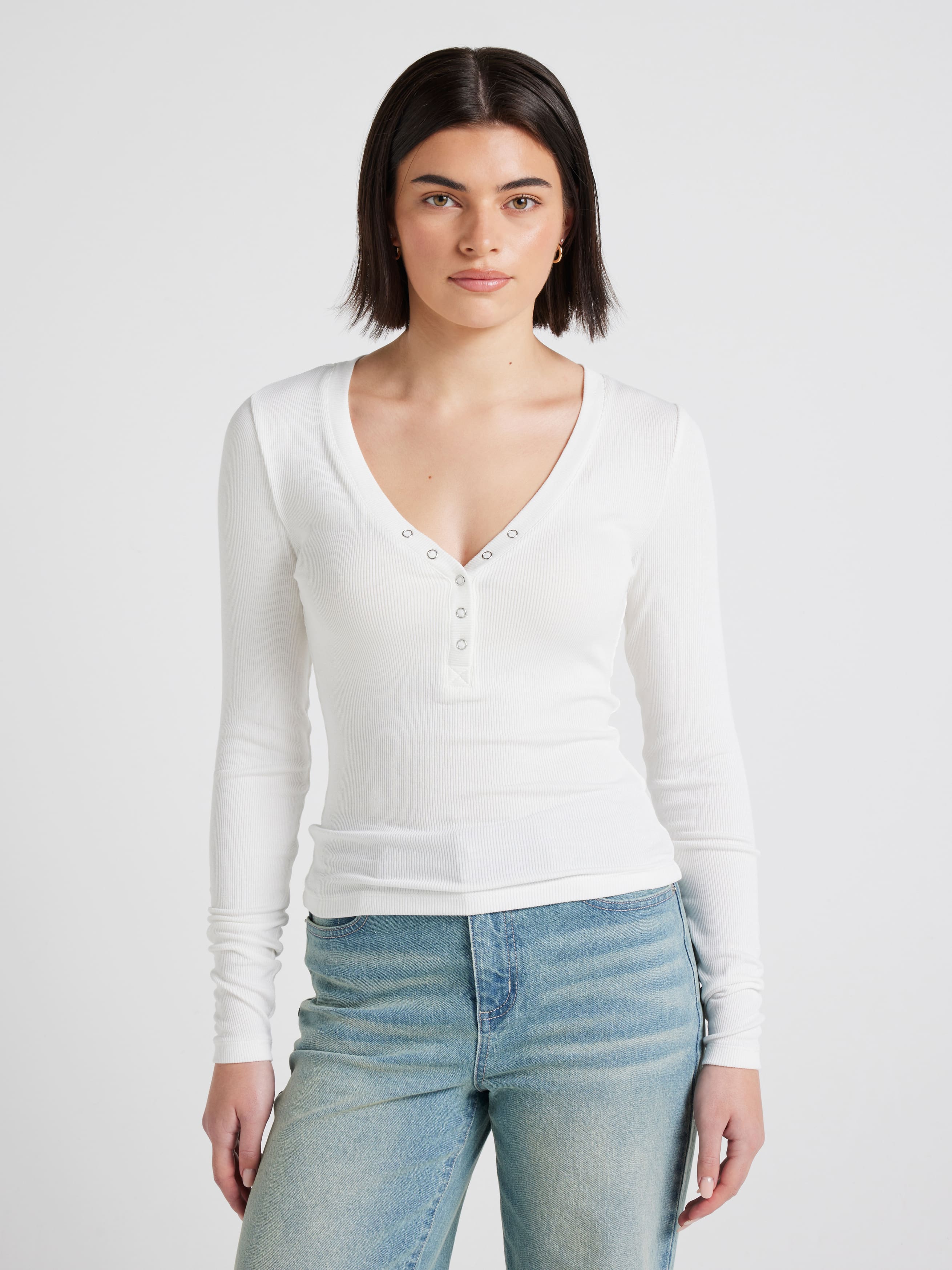 Ribbed Henley Long Sleeve Top