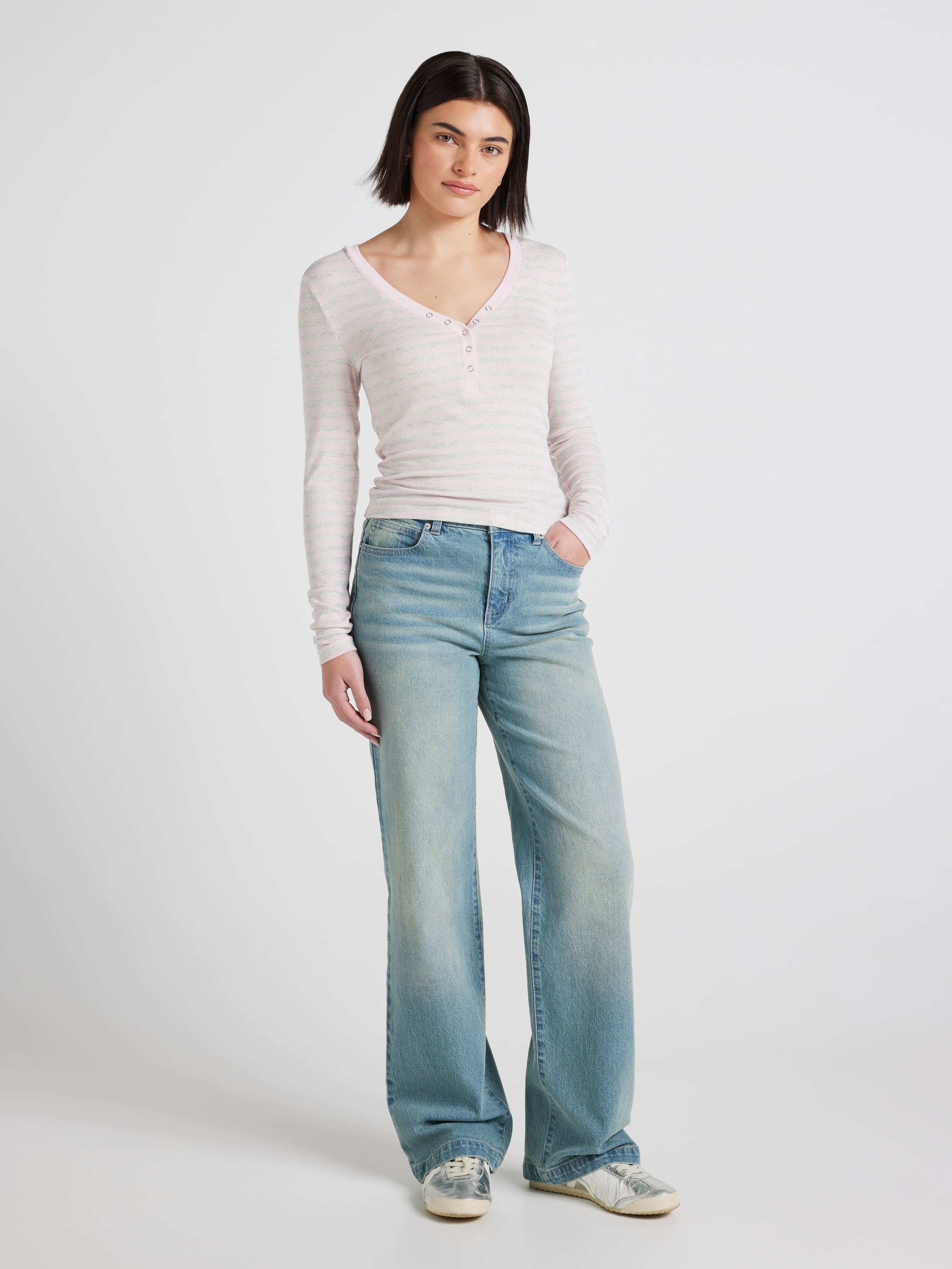 Ribbed Henley Long Sleeve Top