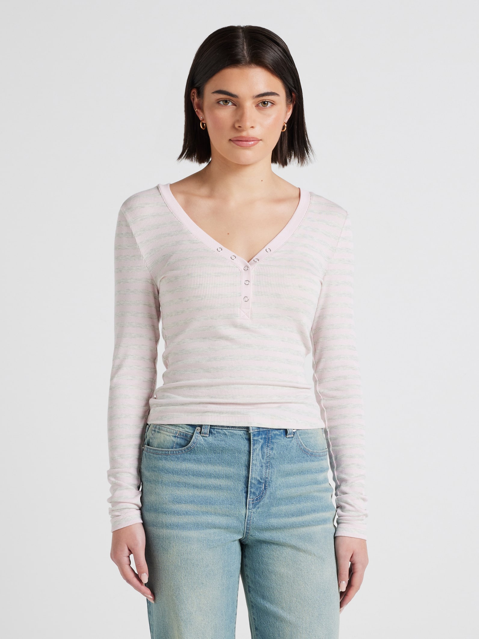 Ribbed Henley Long Sleeve Top