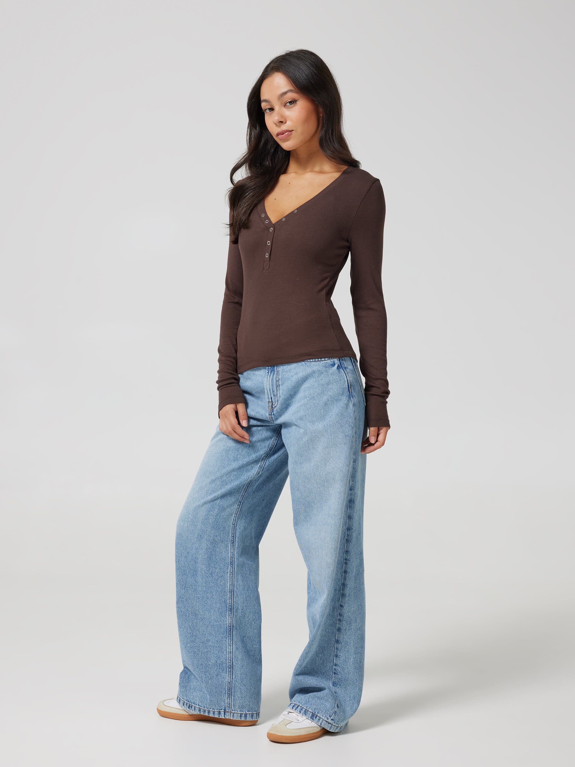 Ribbed Henley Long Sleeve Top