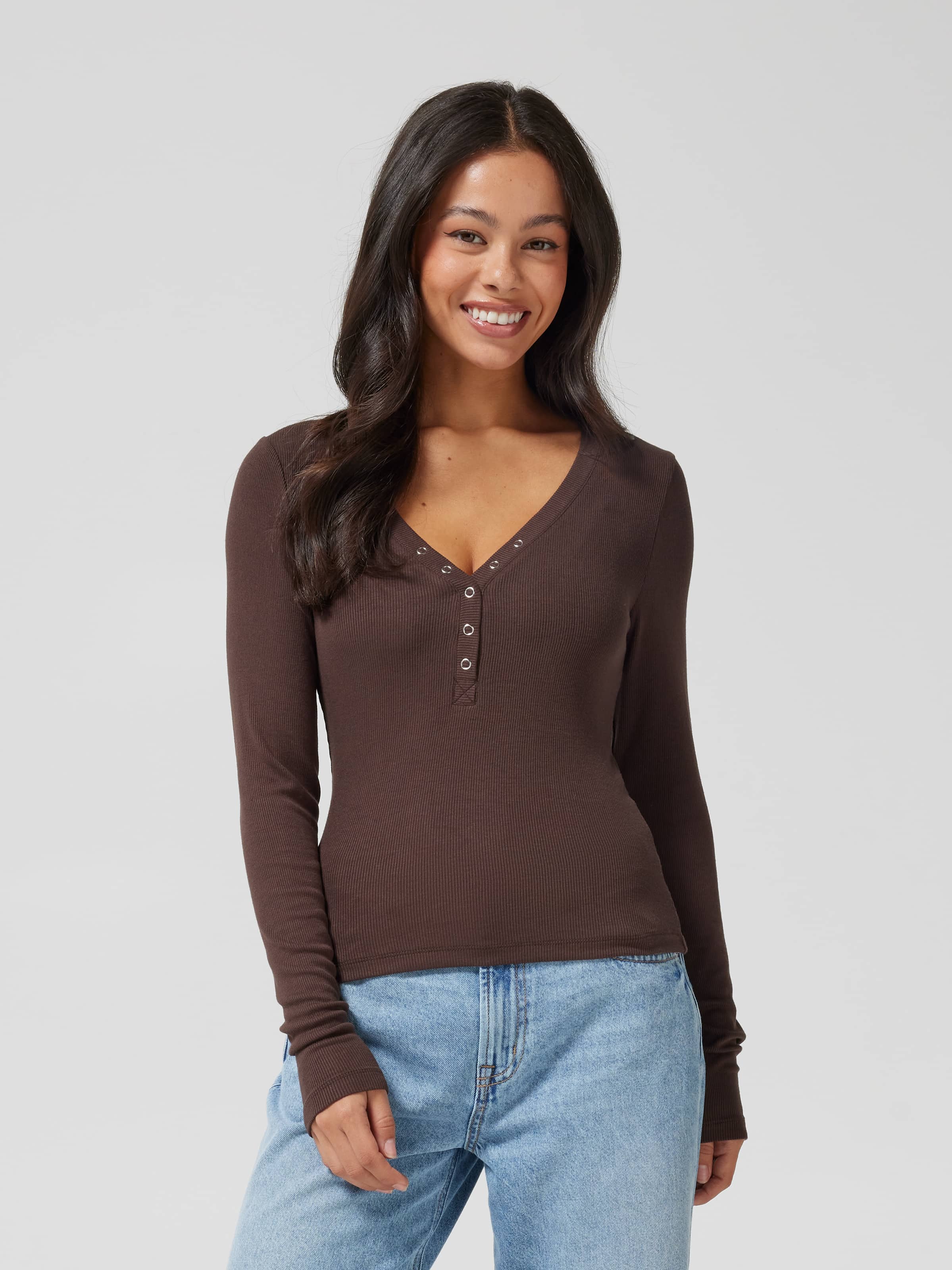 Ribbed Henley Long Sleeve Top