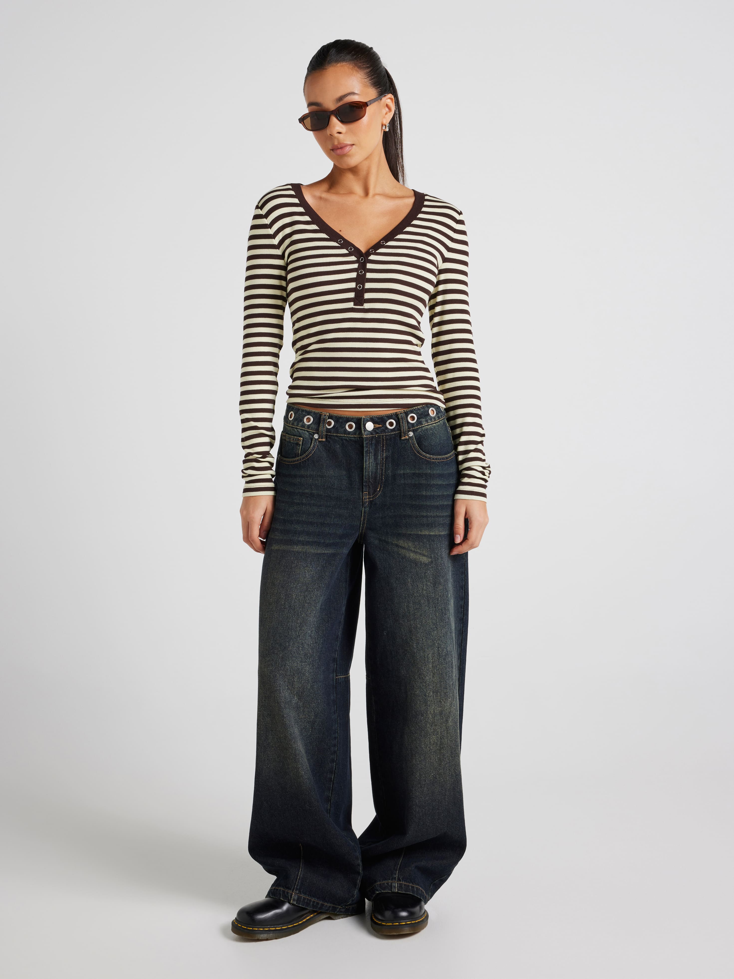 Ribbed Henley Long Sleeve Top
