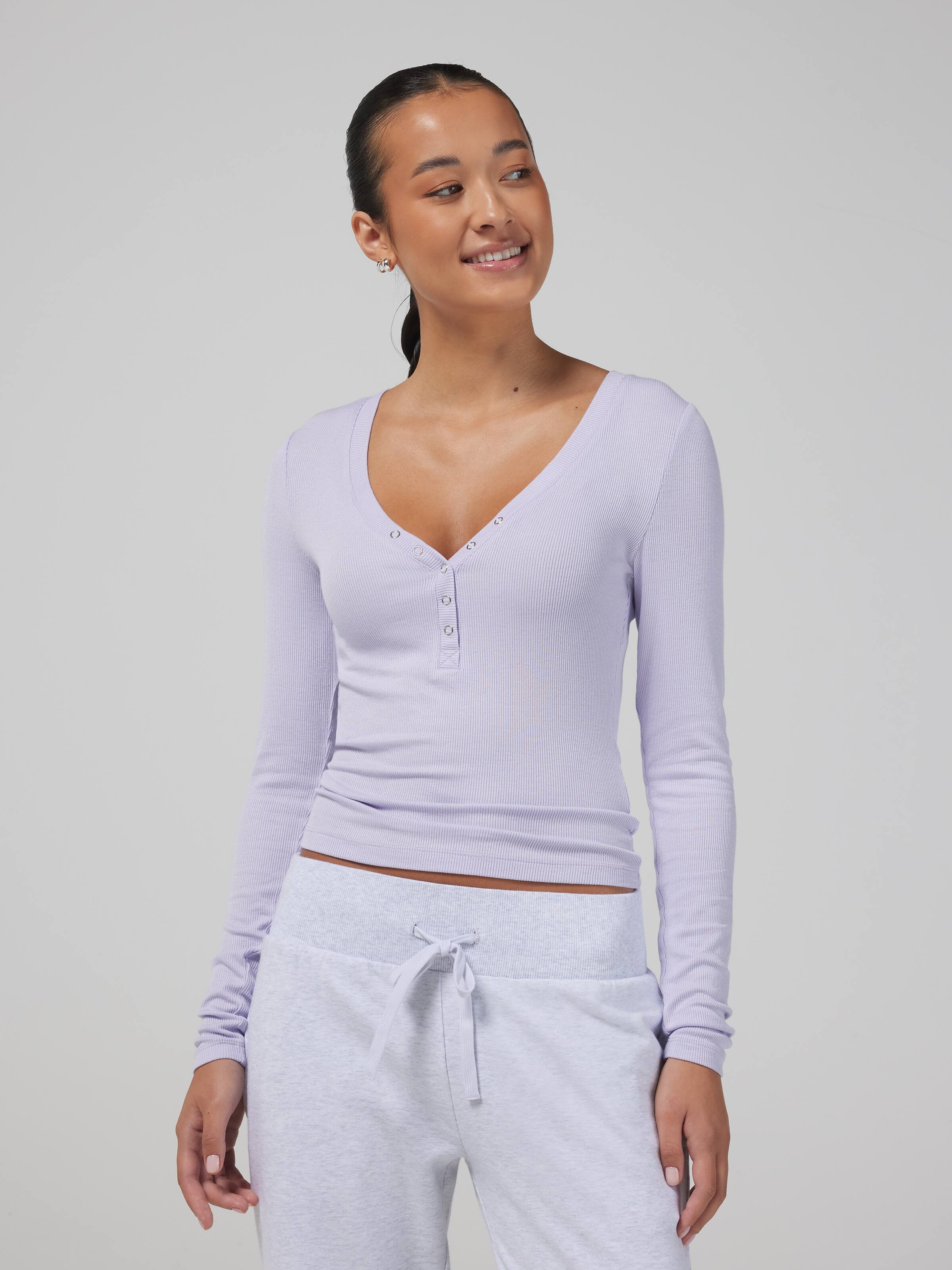 Ribbed Henley Long Sleeve Top