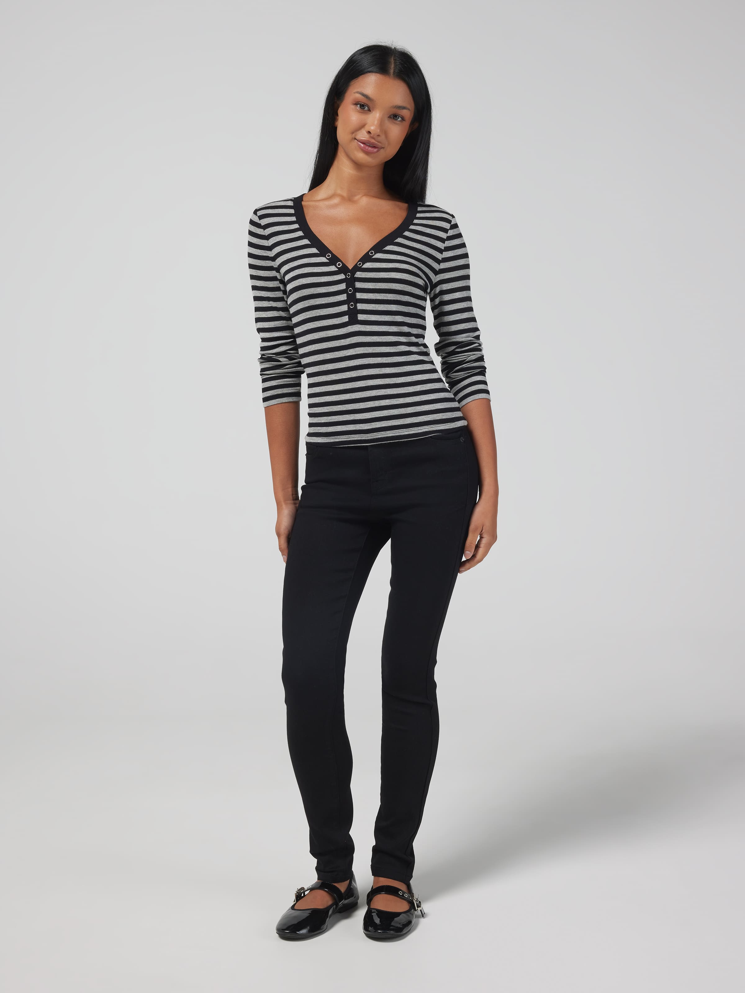 Ribbed Henley Long Sleeve Top
