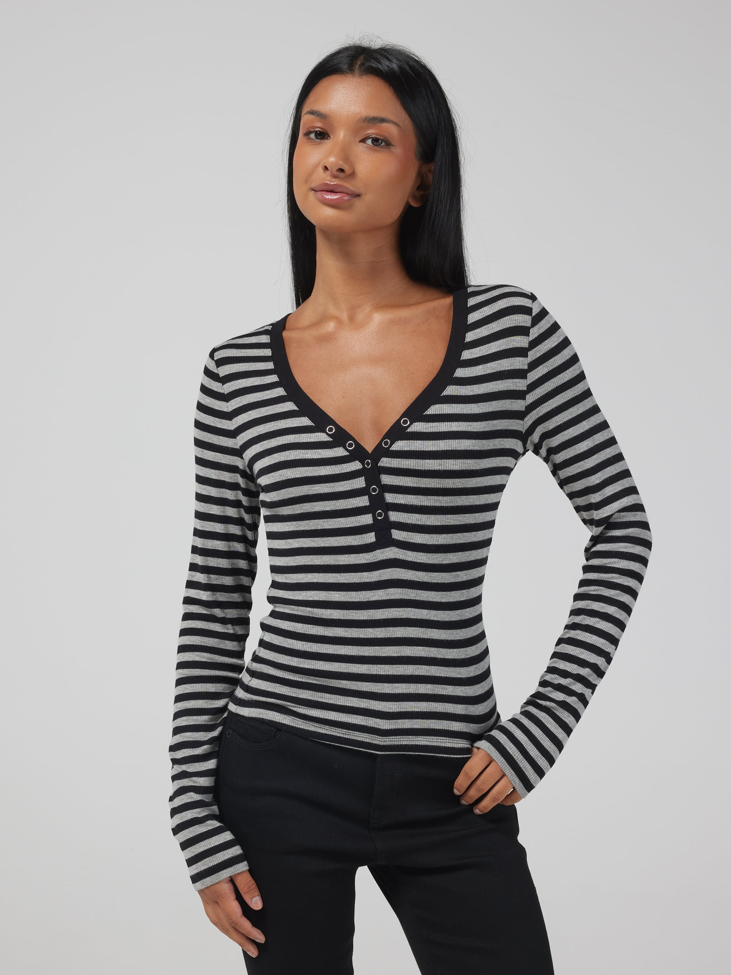 Ribbed Henley Long Sleeve Top