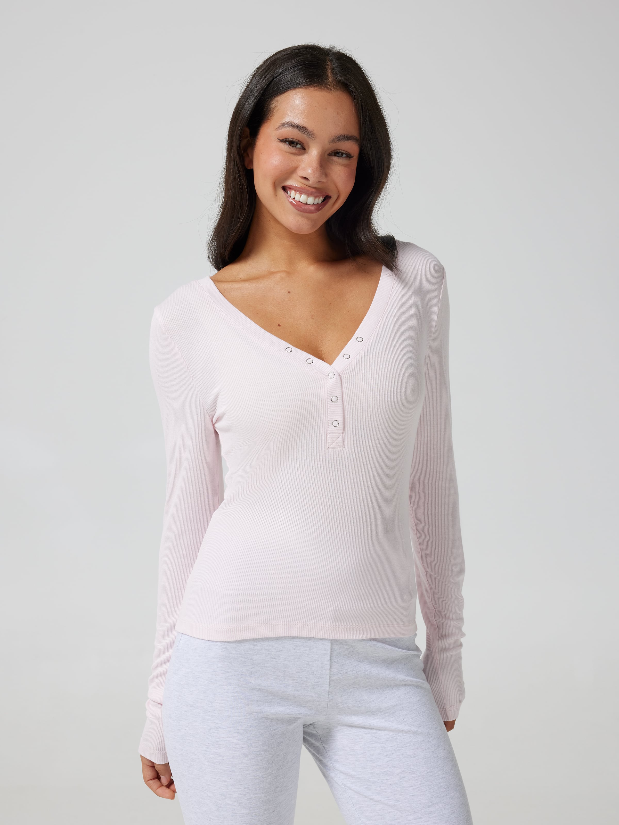 Ribbed Henley Long Sleeve Top