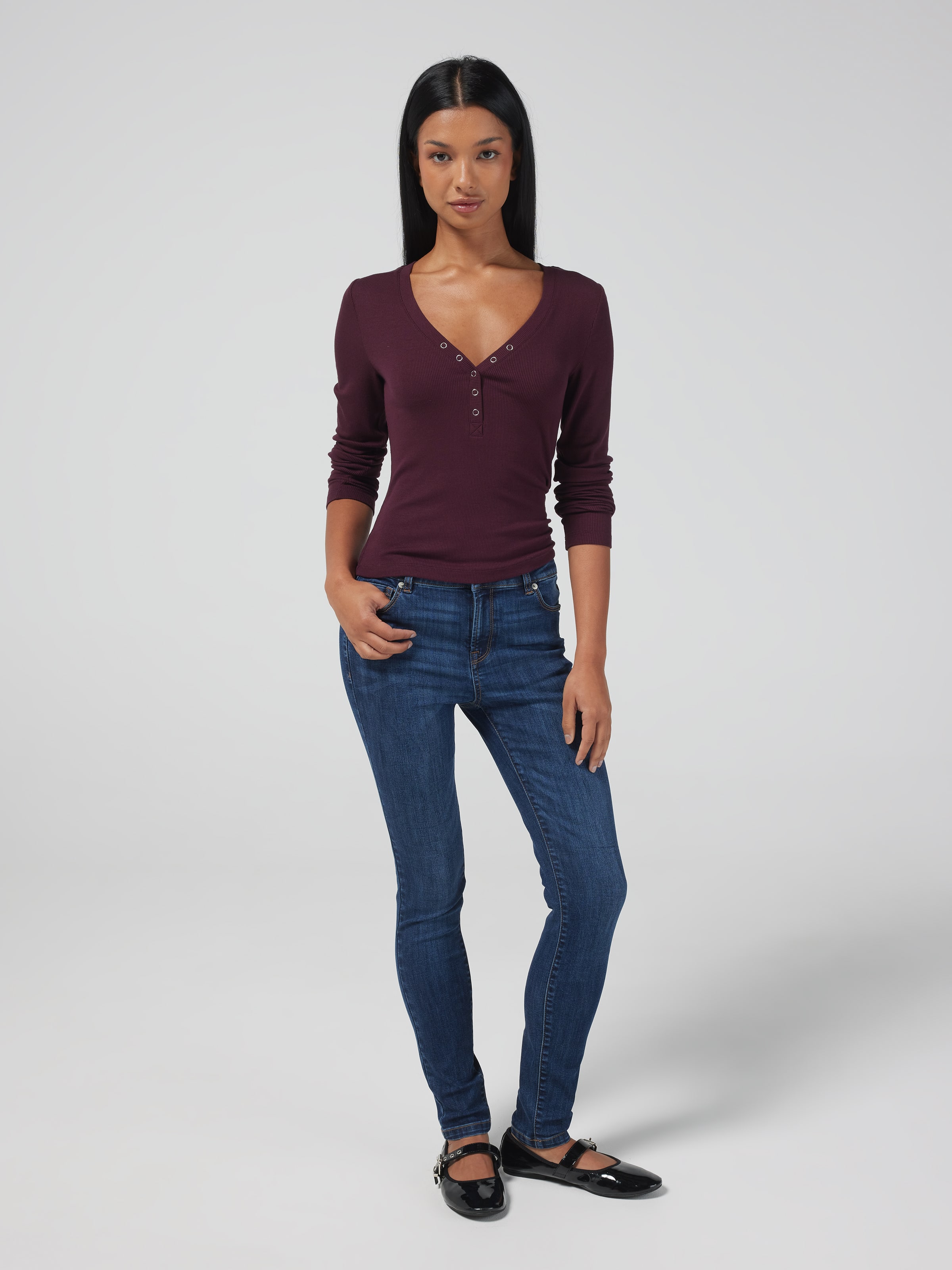 Ribbed Henley Long Sleeve Top