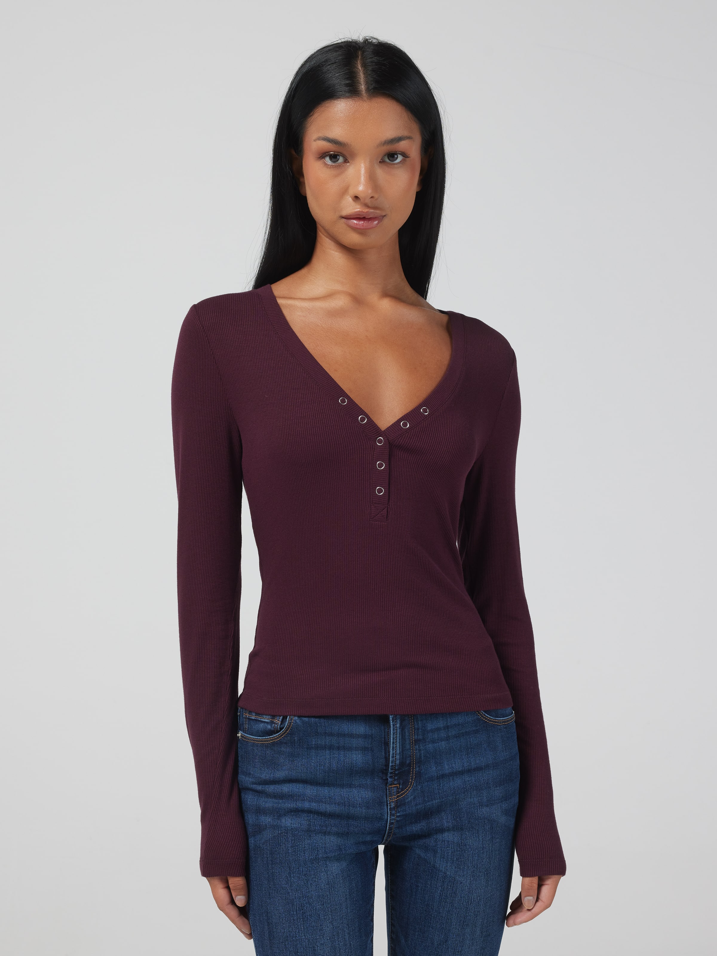 Ribbed Henley Long Sleeve Top