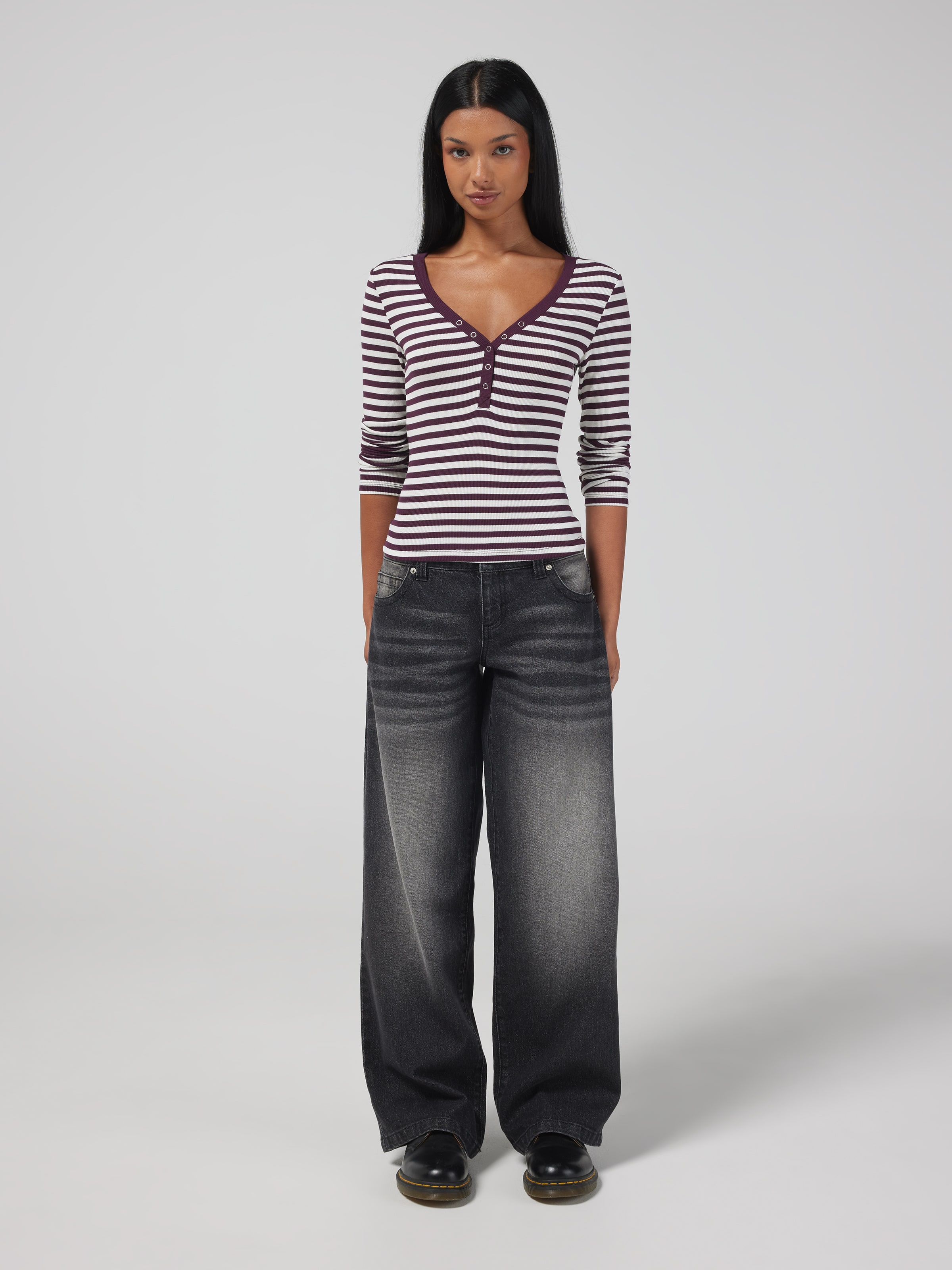 Ribbed Henley Long Sleeve Top