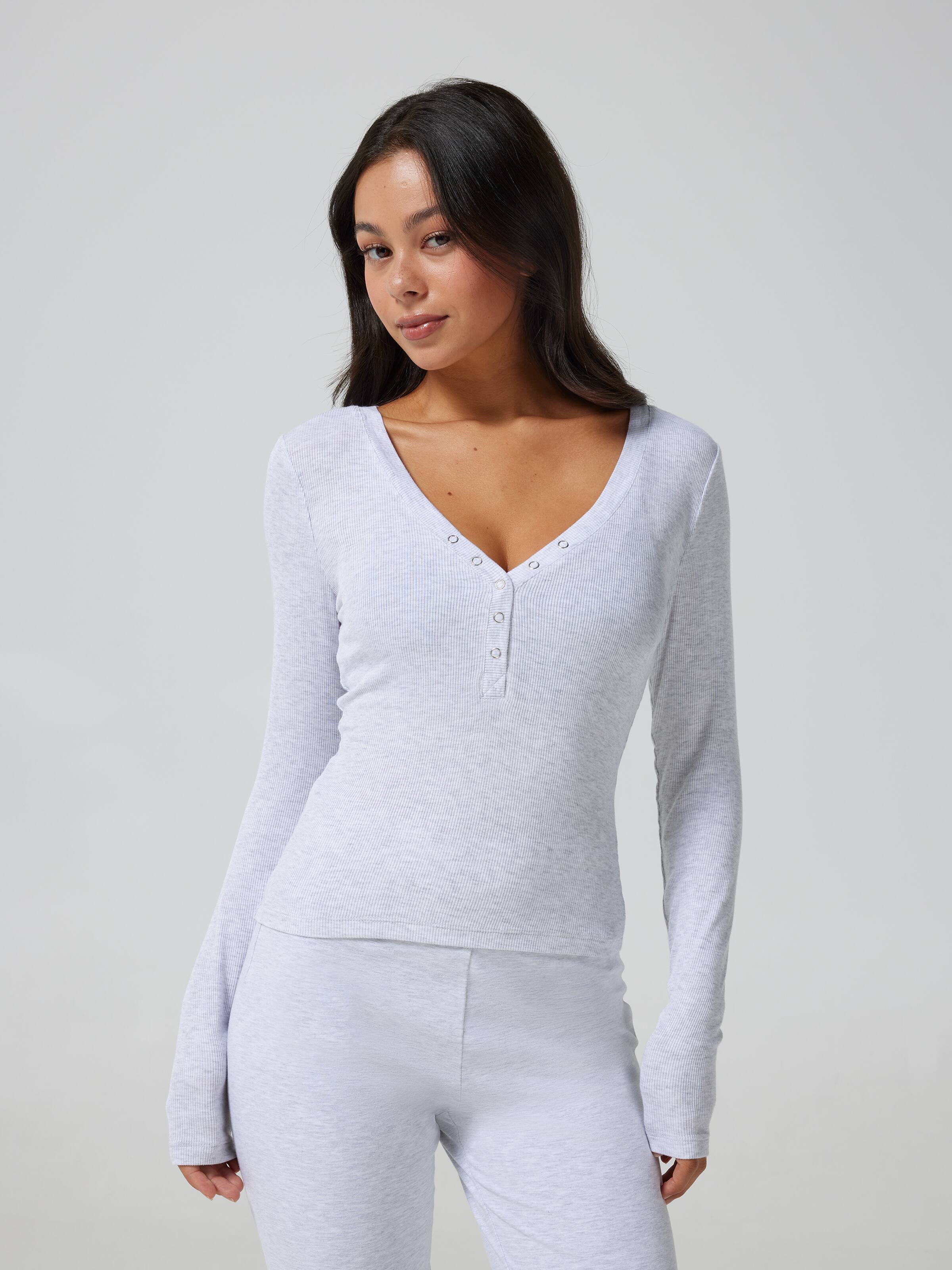 Ribbed Henley Long Sleeve Top
