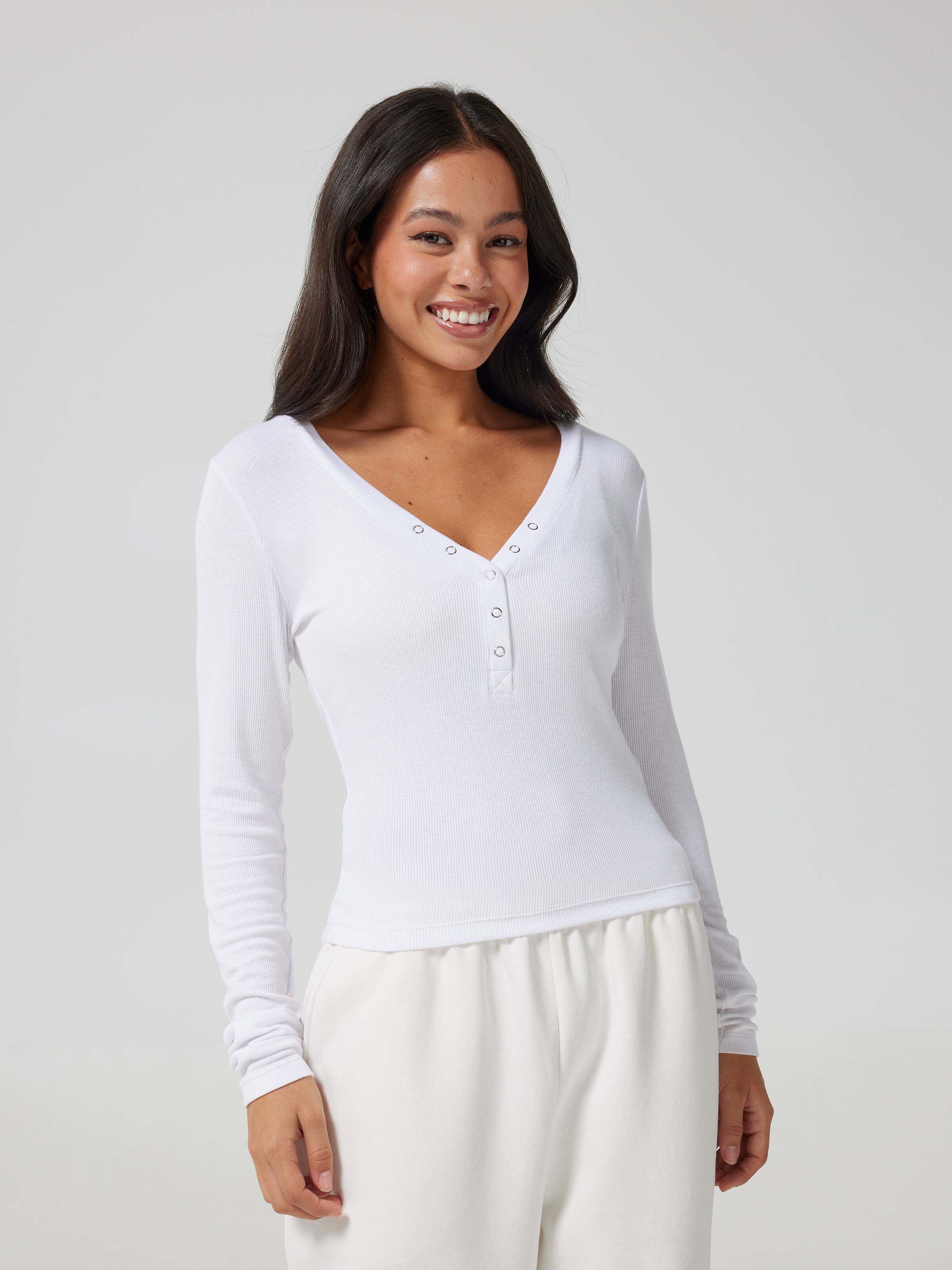 Ribbed Henley Long Sleeve Top