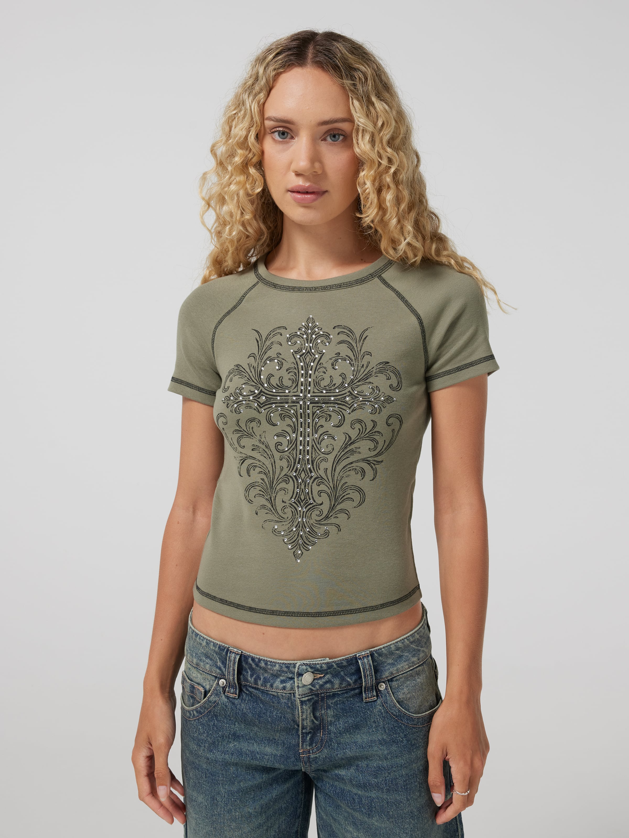 Gothic Cross Contrast Longline Baby Tee