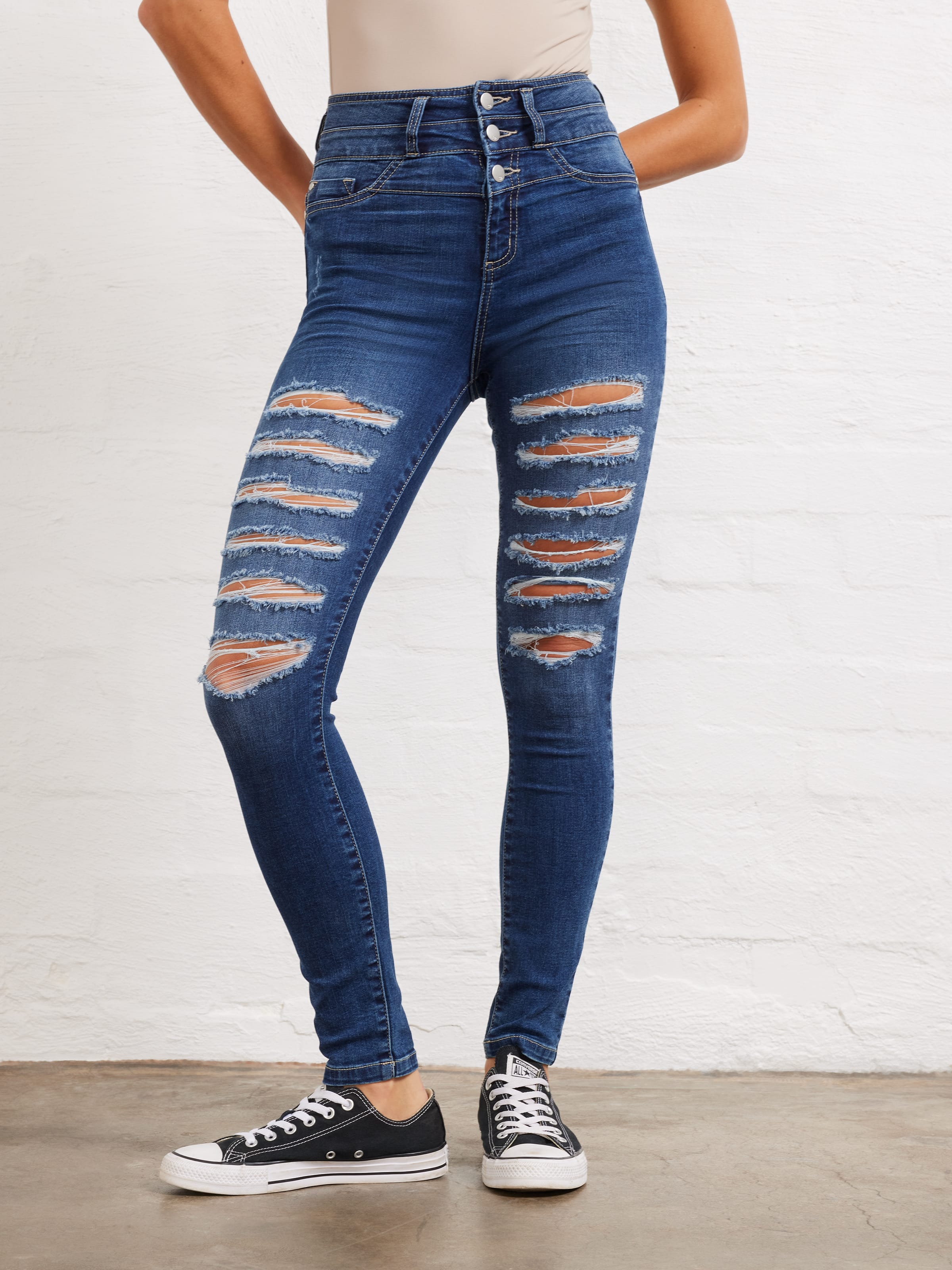Buy RIPPED-KNEE BLUE HIGH-RISE STARIGHT JEANS for Women Online in India