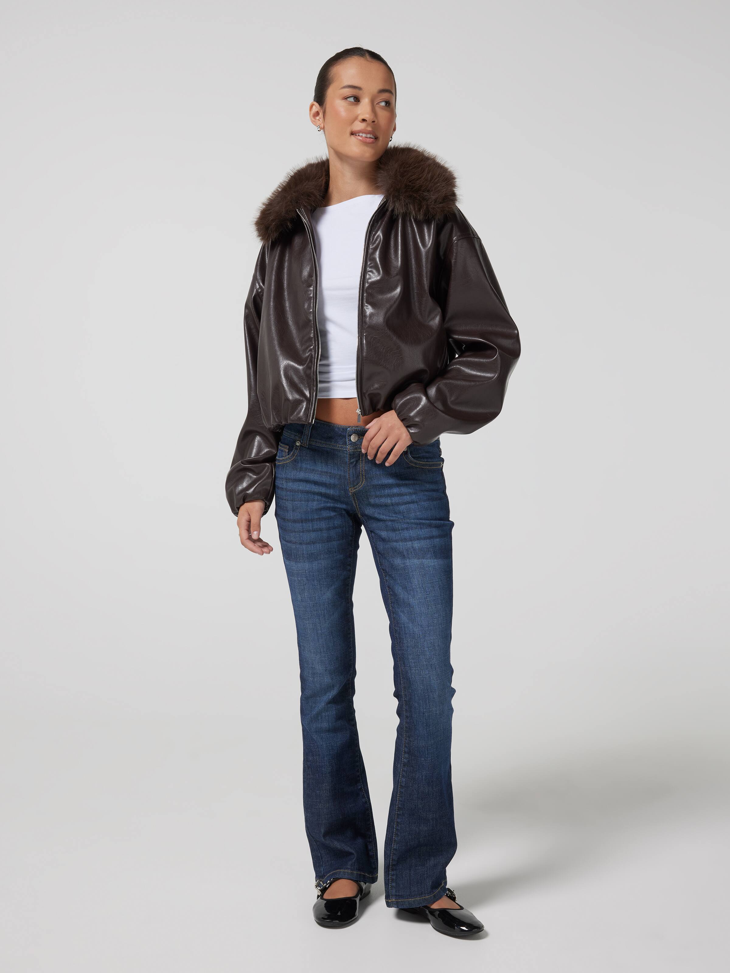 Pu Fur Collared Bomber Jacket