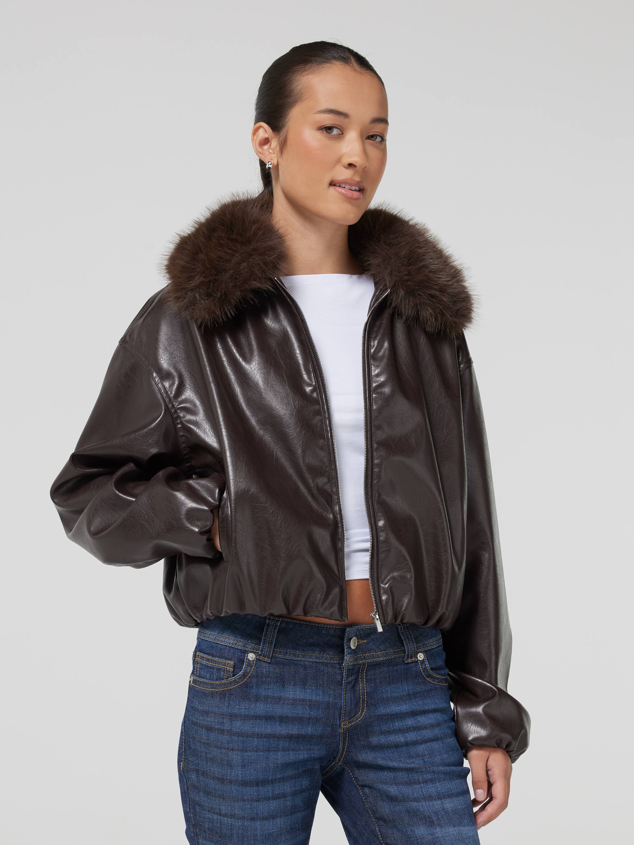 Pu Fur Collared Bomber Jacket