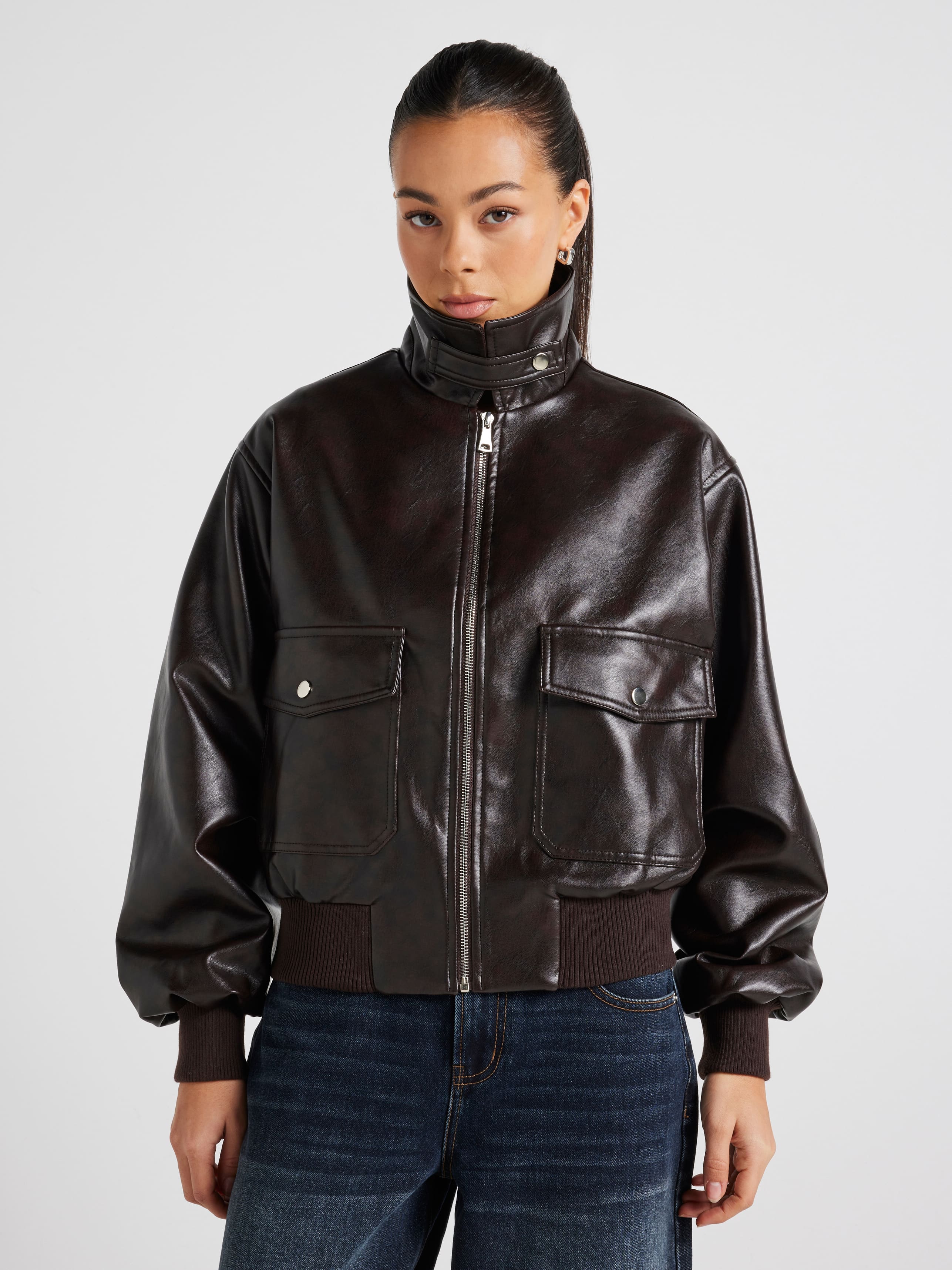 Funnel Faux Leather Jacket