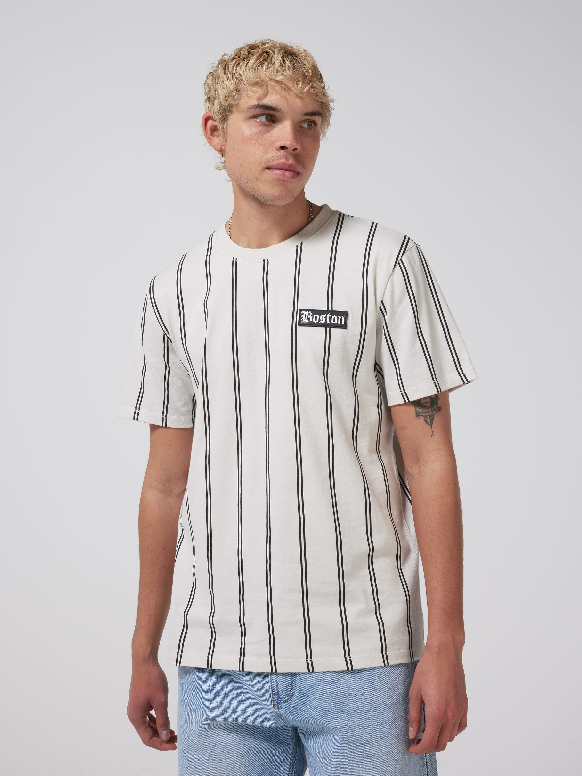 Vertical Stripe Boston Short Sleeve Tee