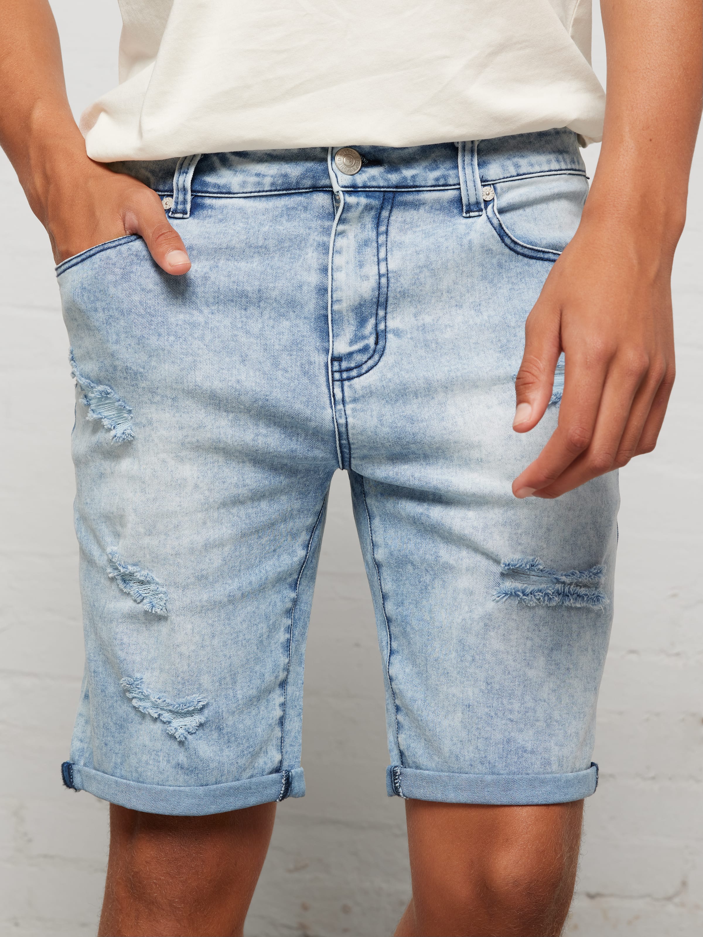 Slim Rip Denim Rolled Hem Short