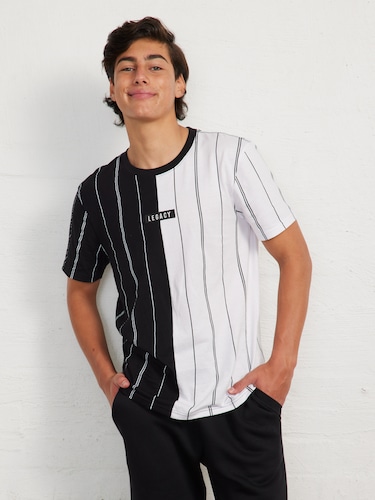 Black White Stripe Splice Legacy Embroidered Tee                                                                                